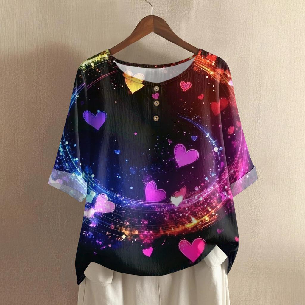 Damska casualowa i wygodna bawełniano-lniana bluzka z okrągłym dekoltem, średniej długości, z modnym nadrukiem