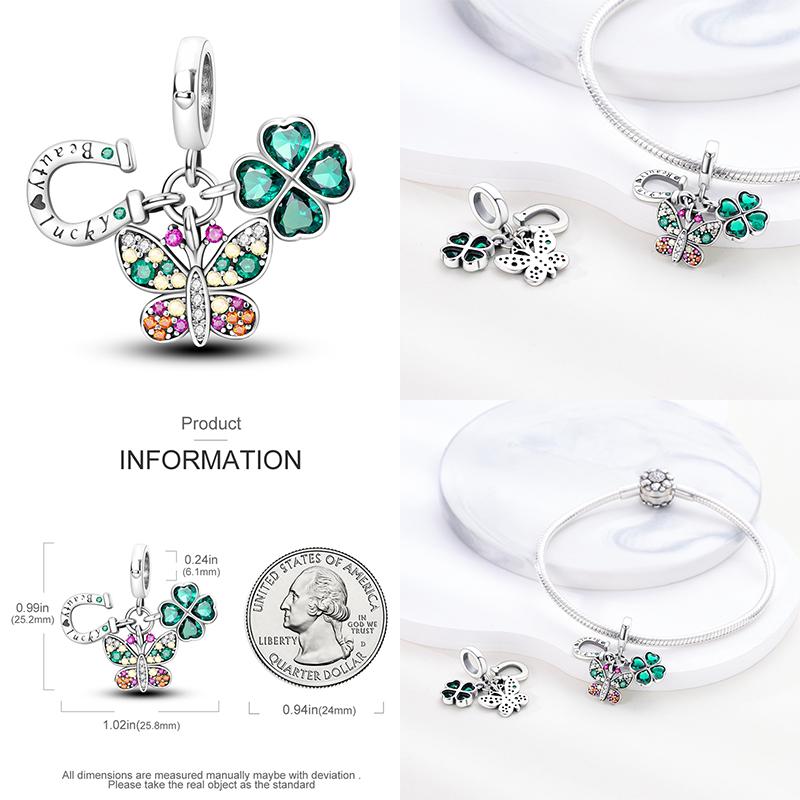 Copper Green Series Four Leaf Clover Lucky Butterfly Pendant Fit Original Bracelet Charm Beads Diy Jewelry