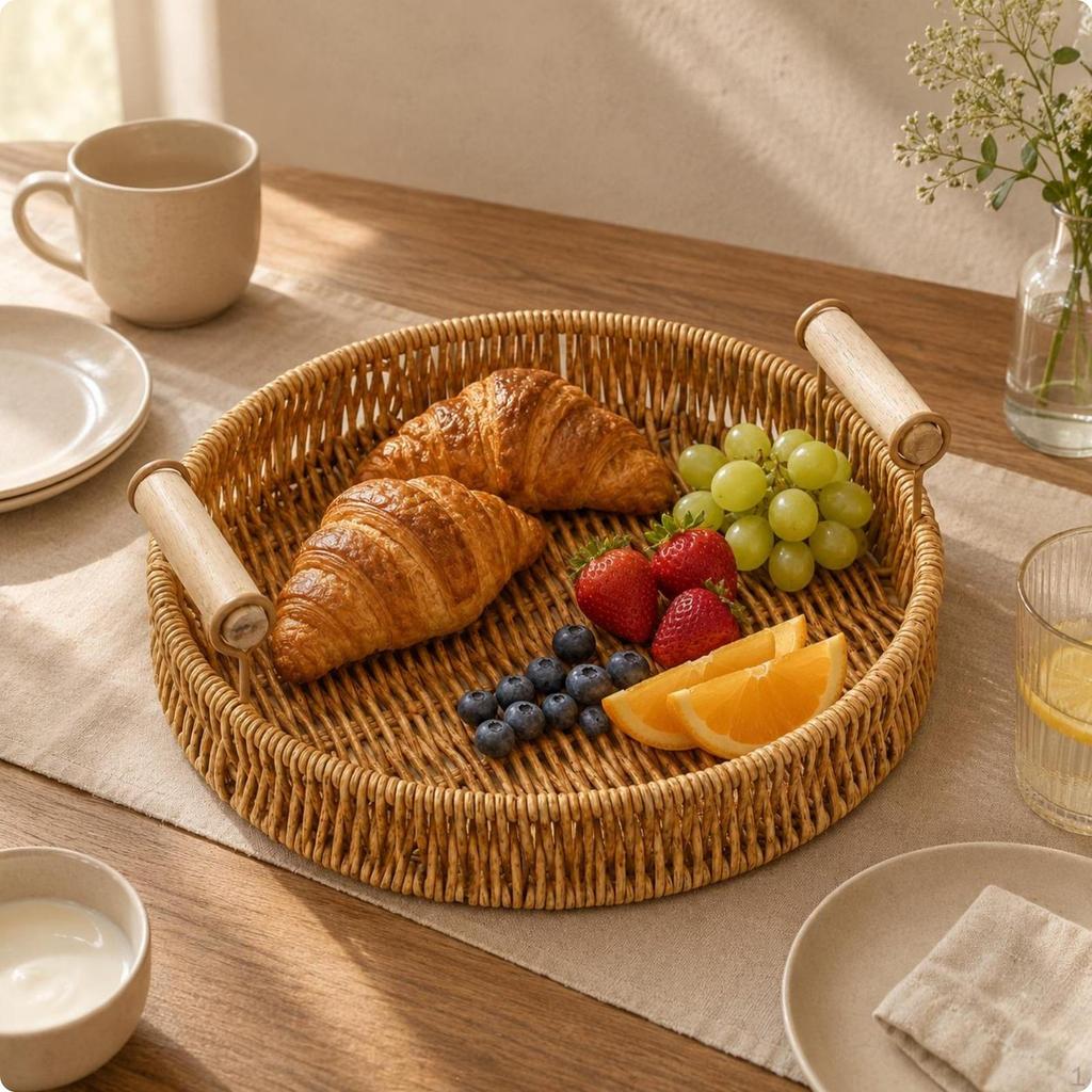 Woven Serving Tray Wooden Handles Shallow Rim Tableware S Round Woodhandle
