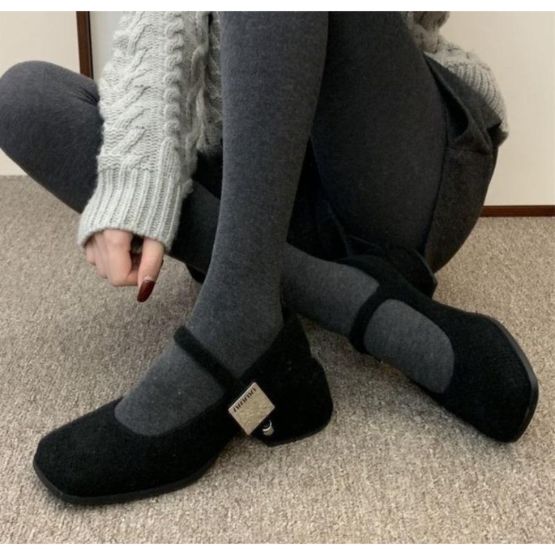 Spring Autumn Women's Luxury Party Shoes Medium Heel Retro Square Toe Velvet Mary Jane Shoes Flat Square Buckle Single Loafers