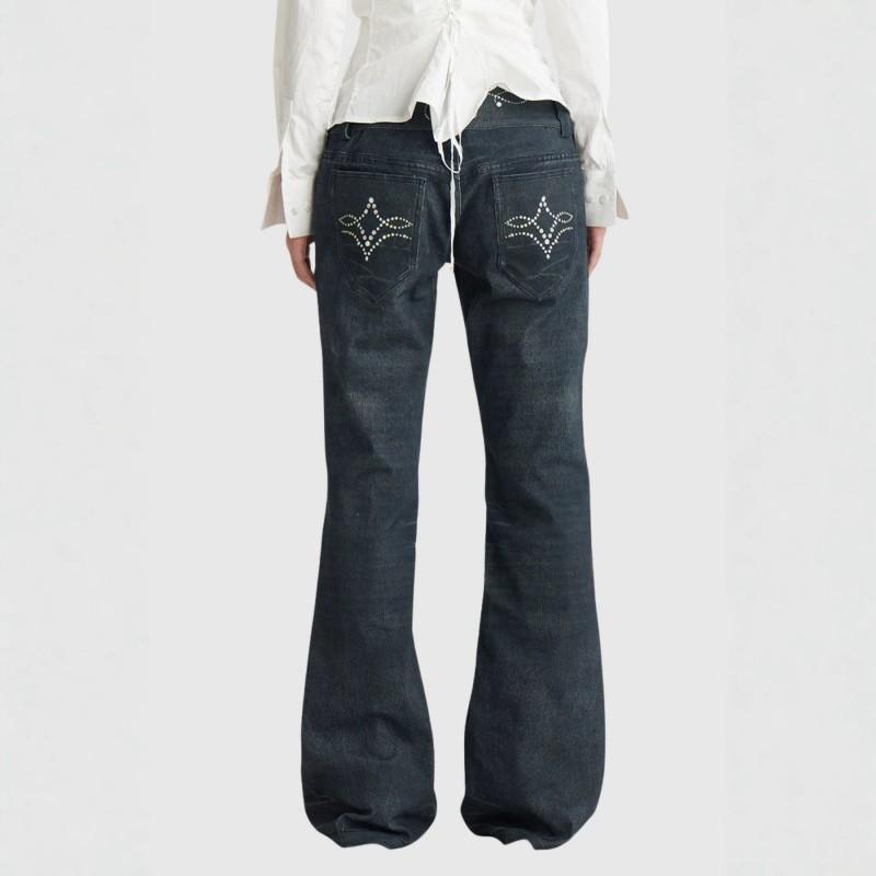 Womens Y2K Bohemian Print Denim Jeans Low Waist Flared Leg Straight Fit Vintage Tribal Style