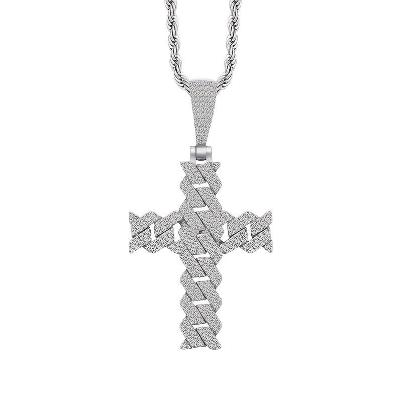 Double Row Cross Pendant Necklace Cuban Link Style Iced Out Moissanite Copper Hip Hop Jewelry For Men Women 0.9mm белый