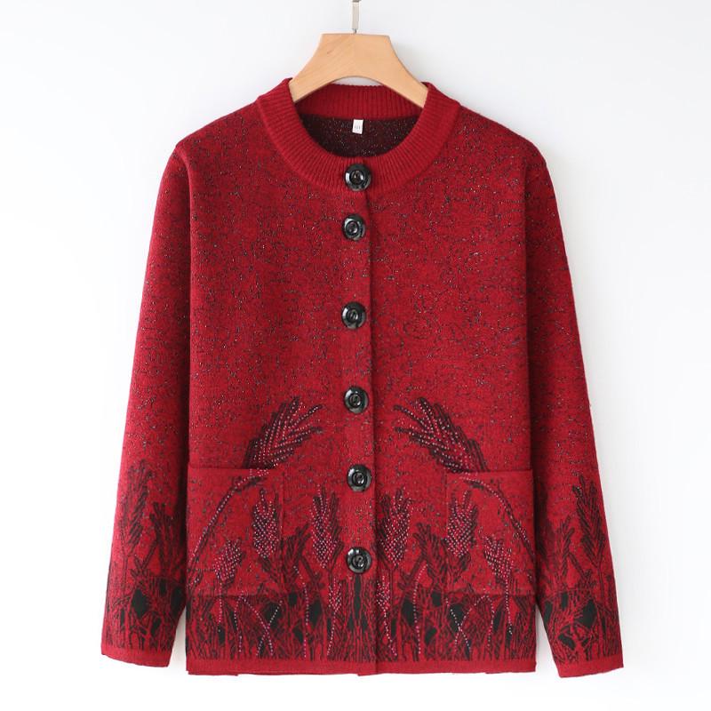 

Весенне-осенний бабушкин свитер: Стиль костюма тан, круглый вырез, свободный кардиган для женщин среднего и пожилого возраста 3XL for 135-150 jin