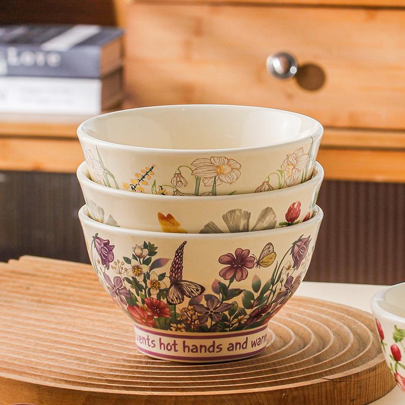 Flowering Hat Bowl Glazed Color Household Ins Style Tableware High Foot Rice Bowl Noodle Bowl Ceramic Rice Soup Bowl