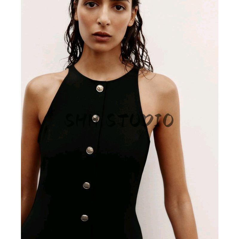 Summer Women Clothes Casual Style Round Neck Sleeveless Gold-Plated Layer Decorated Row Button Crepe Midi Dress 3897108