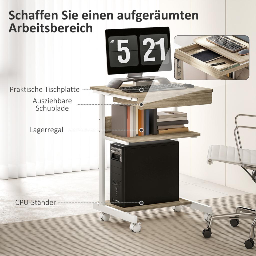 Rolling Desk with Drawer and Shelves, 4 Wheels, Compact, Chipboard, Metal
