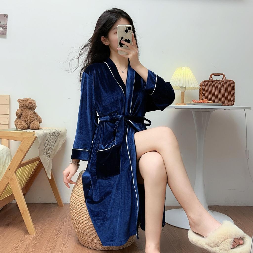 Autumn and Winter New Robe Homewear Women Long-Sleeved Golden Velvet One-Piece Bathrobe Warm Suit Robe Homewear Pajamas