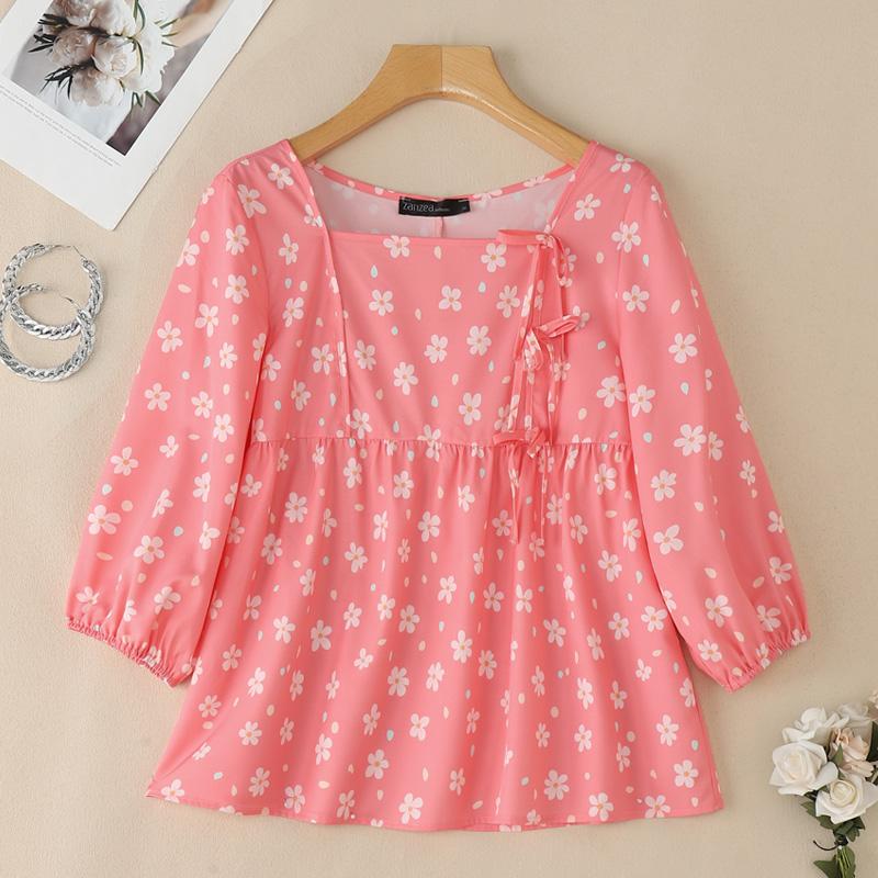 

ZANZEA Женская повседневная блузка с квадратным вырезом, рукавами 3/4, свободного кроя, с цветочным принтом 4XL розовый