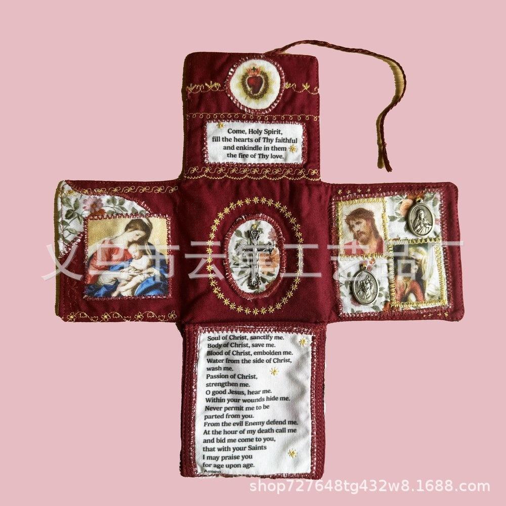 Bolsa Devocional Católica de Tecido em Forma de Cruz Feita à Mão com Crucifixo Imagem de Santo Virgem Maria para Uso Diário na Fé