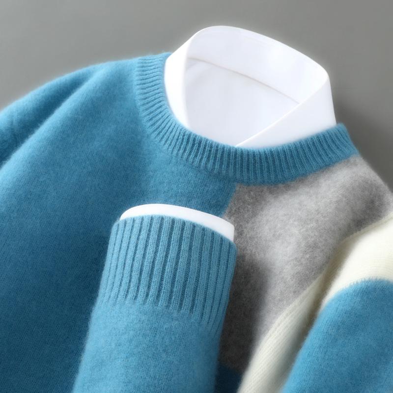 

Men s Pure Wool Color Block Sweater - Thick, Round Neck Jacquard Knit for Autumn & Winter Triple Extra Large море синього кольору