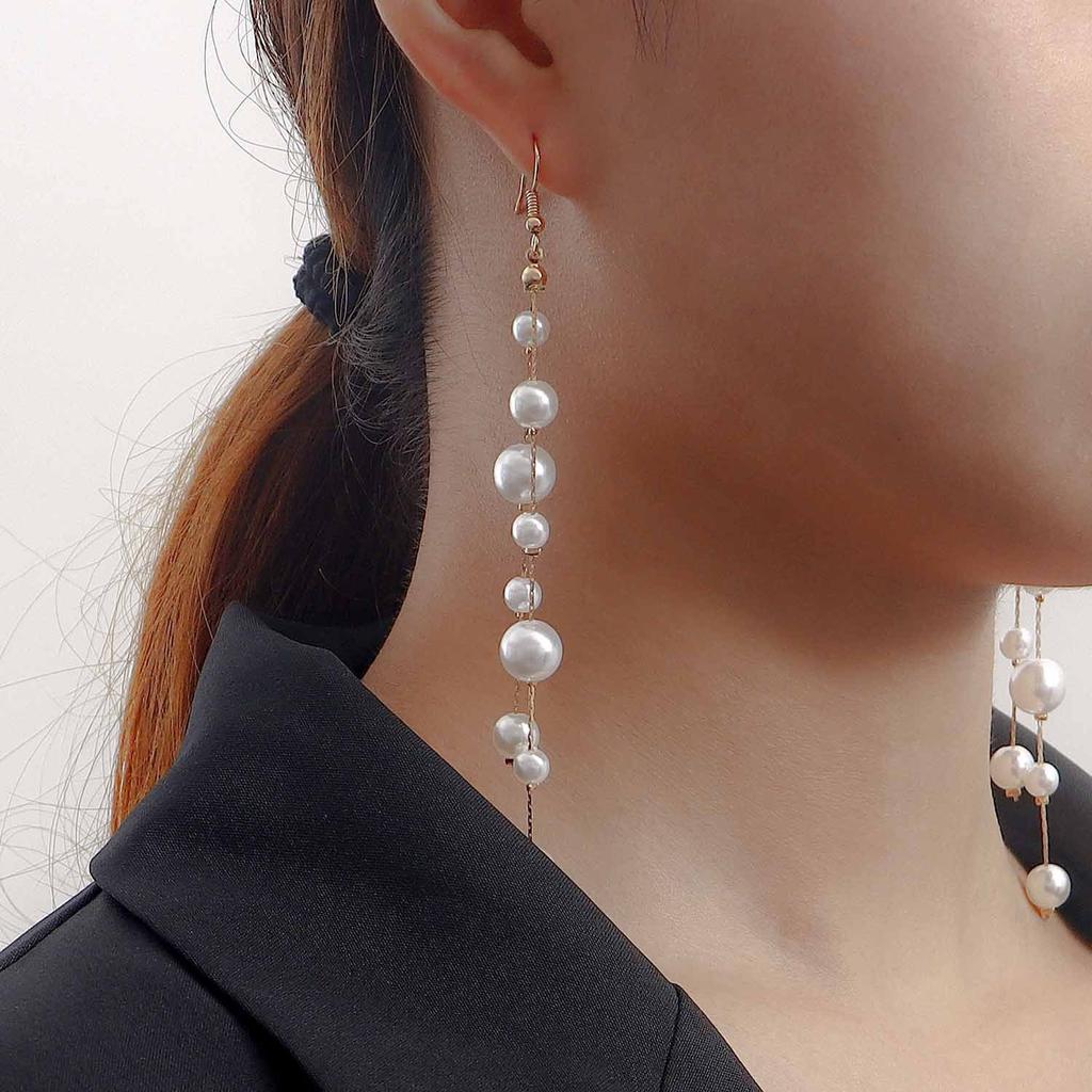 Ins Tassel Imitation Pearl Pendant Earrings Earrings Women's Handmade Geometric Metal Temperament Ear Hanging