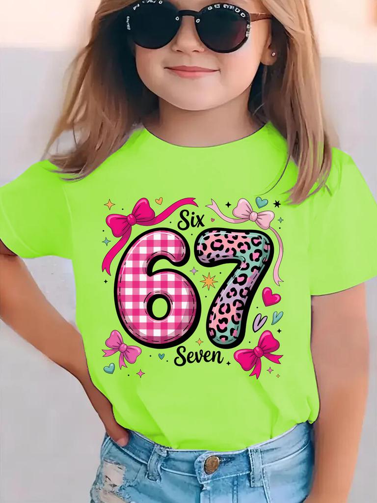 Fashion Girls Short Sleeve TShirt Plaid Leopard Print 67 Tee Top Birthday Gift Cute Bow Heart Six Seven Cartoon Print Top