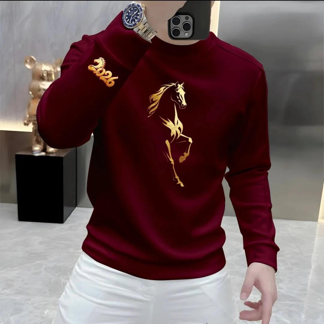 

2026 Year of the Horse Red Slim Fit Men s Hoodie - Autumn/Winter Zodiac Style, Plus Velvet, Trendy Printed Design 4XL