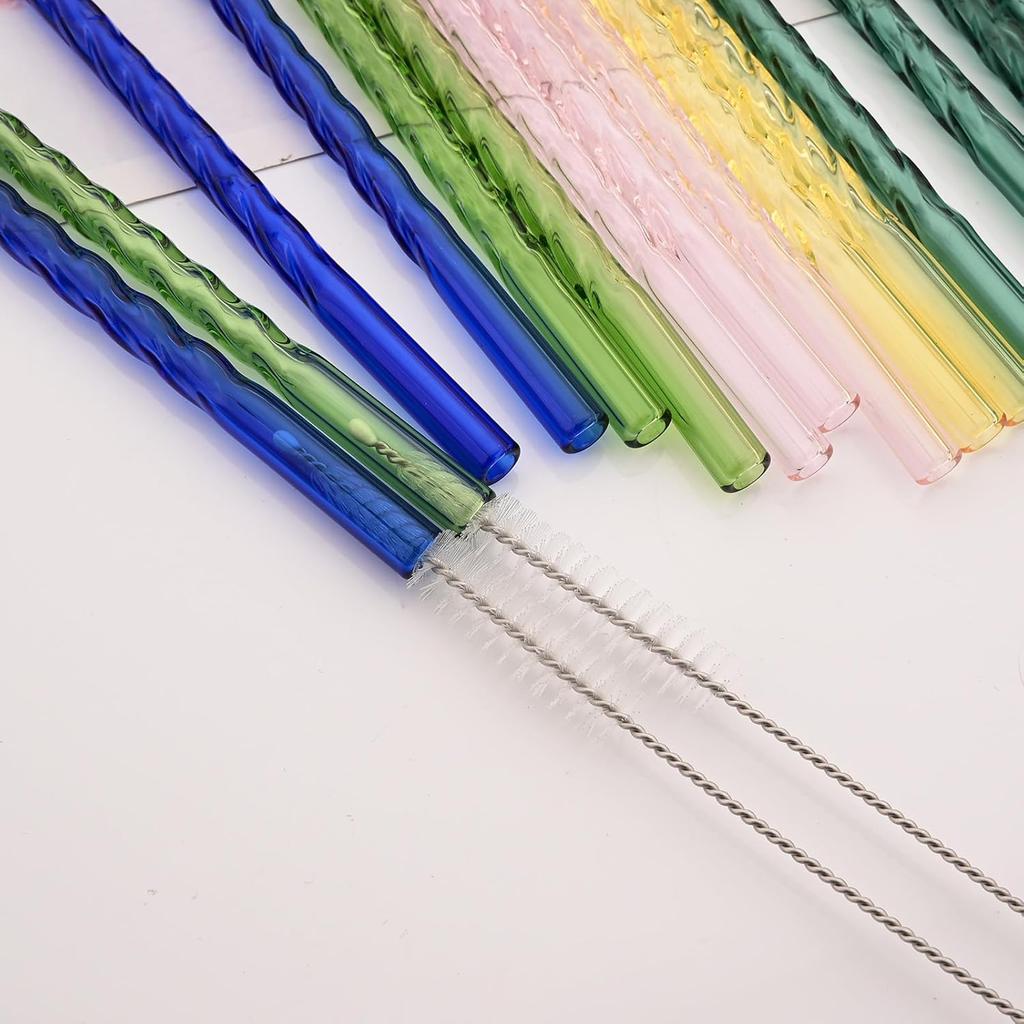 15 PCS Reusable Glass Straws, 8 Inch X 0.3" Thread Pattern Design Colored Drinking Straws, Include 12 Straight Straws, 2 Cleaning Brushes, 1 Bag