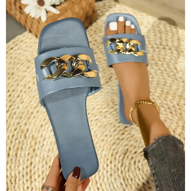 Fashion New Fashion Women's Slippers Square Toe Chain Slippers Flat Slide Sandals Beach Flip Flops Metal Decoration Casual Shoes