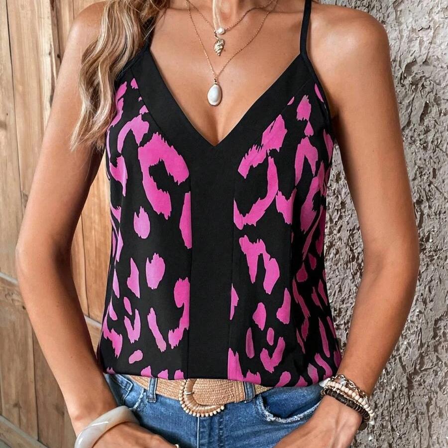 

Женская мода на лето и весну, повседневные футболки и топы без рукавов с V-образным вырезом и леопардовым принтом S