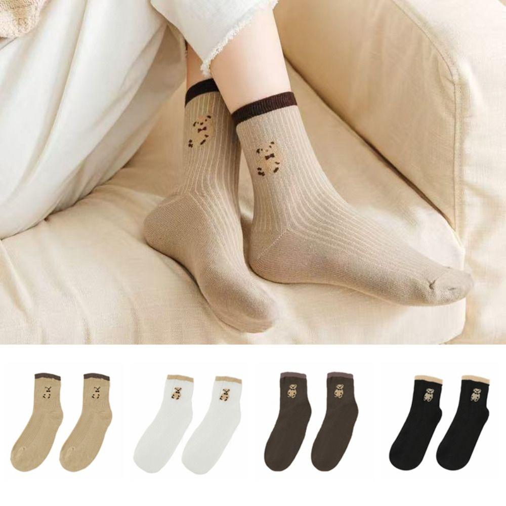 10Pairs Stripe Cute Bear Socks Cartoon Mid-Calf Socks Ins Tube Socks Women Women