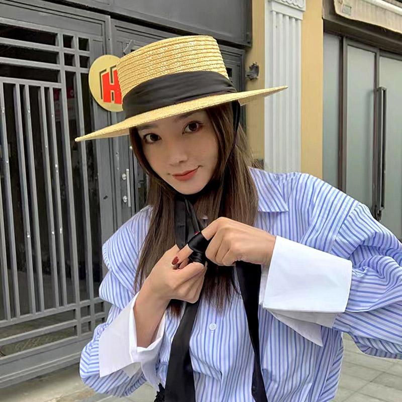 New 10cm Straw Hat For Women Black Ribbon Flat Top Straw Hat Ladies Summer Vacation Sunscreen Sun Hat Wide Brim Casual Girls Cap