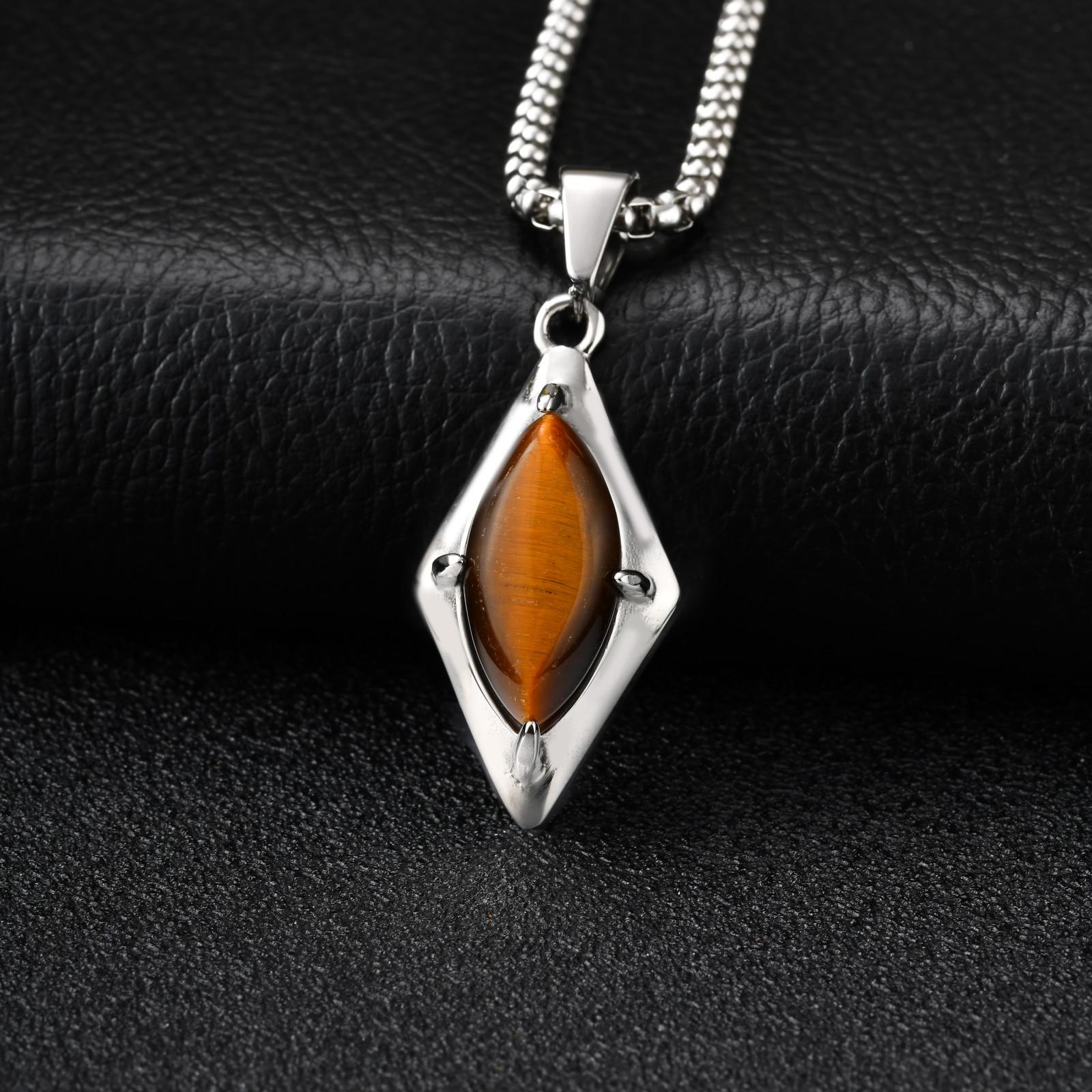 

Fashion Tiger Eye Stone Rhombus Pendant Necklace, Natural Stone Agate Stainless Steel Necklace for Men Jewelry Waterproof 50cm