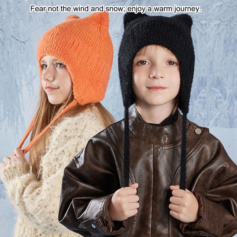 Thickened Knitted Cap Winter Hat For Kids With Thermal Ear Protection Cold Weather Windproof Design Polyester