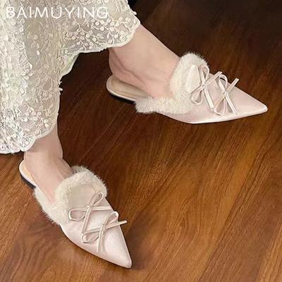 Mocassini da Donna con Fiocco Scarpe Ciabatte Moda Punta Affilata Pelliccia Invernali Nuova Tendenza 2024 Slingback Eleganti Donna Zapatillas