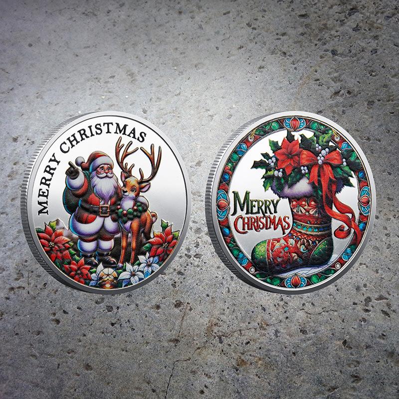 Christmas coins, commemorative medals, European and American, Santa Claus, sled, deer, colorful, commemorative gold coins, decision game coins