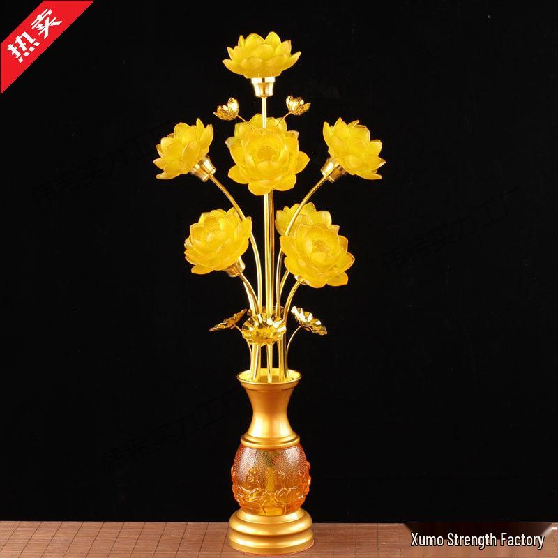 Seven-Color Lotus Lamp for Buddha Offering: Ever-Burning Guanyin Home Decor – Nine Horse Year Edition