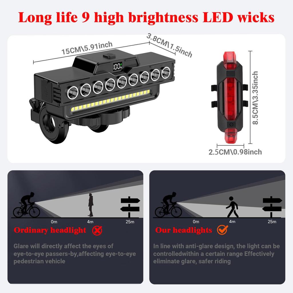 9 LED High Brightness Bike Light Power Display Front Warning Flashlight Shockproof Bike Lamp for Night Riding & Mountain Cycling