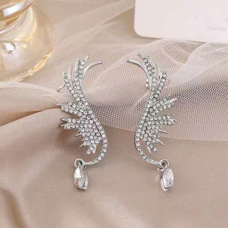 Angel Wings Elf Water Drop Pendant Full Crystal Clip Earrings For Women Jewelry Dainty Boucle Mujer Brincos