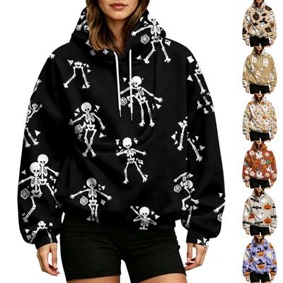 Damen Halloween Print Hoodie mit großer Haustier-Tasche für Herbst und Winter Freizeitkleidung