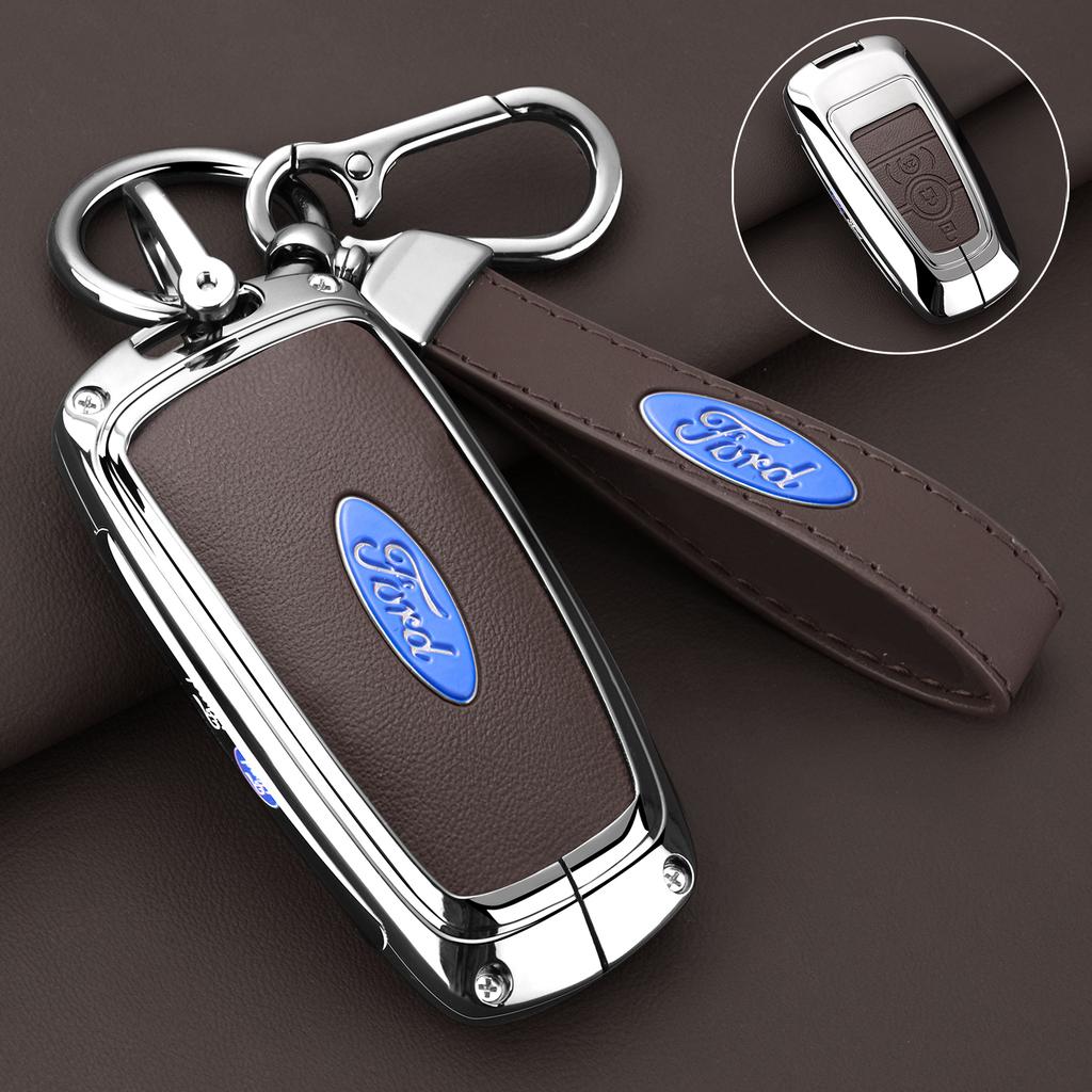 Leather Car Key Case Protector Cover for Ford Fusion Mustang Explorer F150 F250 F350 EcoSport Edge S-MAX Ranger Lincoln Mondeo