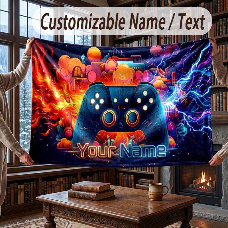 Game Controller Theme Throw Blanket Custom Name Text Personalized Blanket Soft Cozy Blanket for Home Sofa Bed
