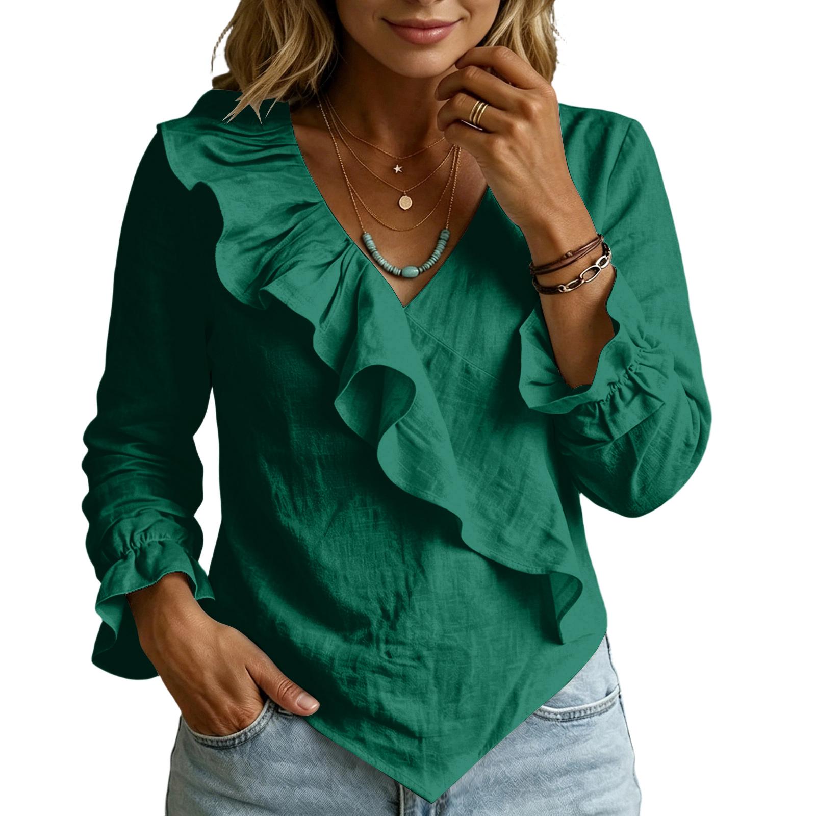 

Womens Spring Tops V Neck Ruffle Long Sleeve Blouse Summer Shirts for Women Casual Lightweight Womens Summer Shirts M зелений
