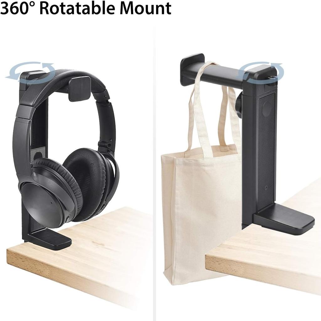 2-in-1 Headphone Holder Stand & Hanger, Heavy-Duty with Adjustable Height & Rotating Clamp, Space-Saving Desk Mount with Cable Management