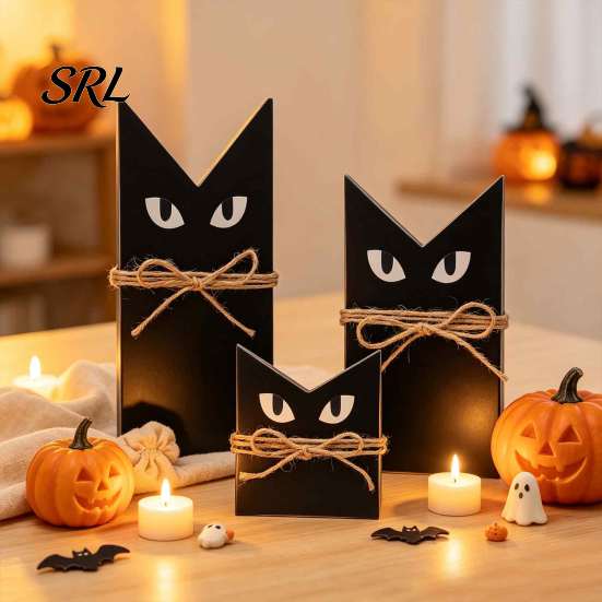 Photography Prop 3 Pcs Halloween Black Cat Wooden Block Sign, Vintage Table Decoration Solid Wood Craft with Burlap Rope, Rustic Farmhouse Tiered Tray