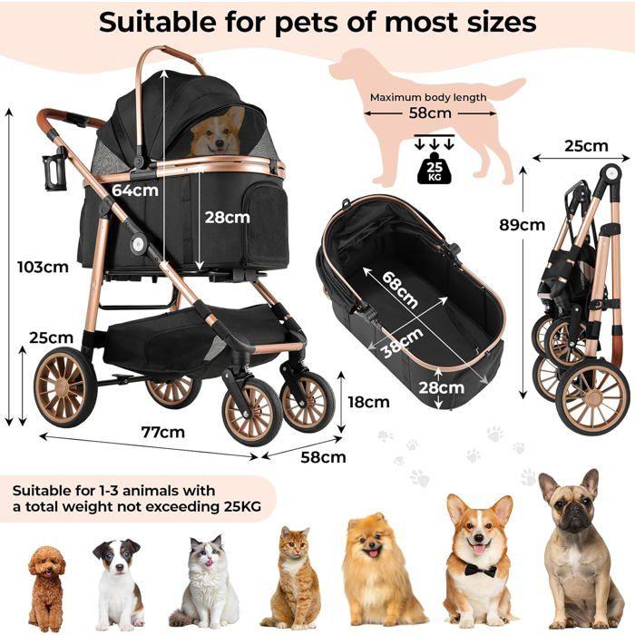 Poussette chien chat 4-en-1 pliable jusqu’à 25 kg, roues 360° amorties, transport animal, poussette tout-terrain confortable