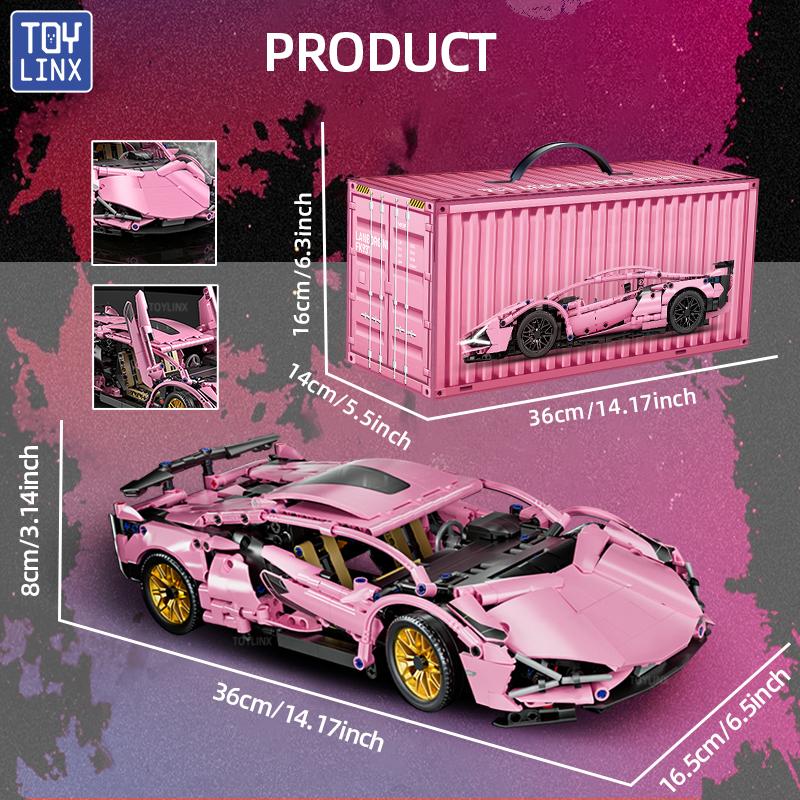 TOYLINX Super Pink Technisches Geschwindigkeitsfahrzeug Bausteine Autorennen Steine Spielzeug Geburtstags- Weihnachtsgeschenke für Kinder
