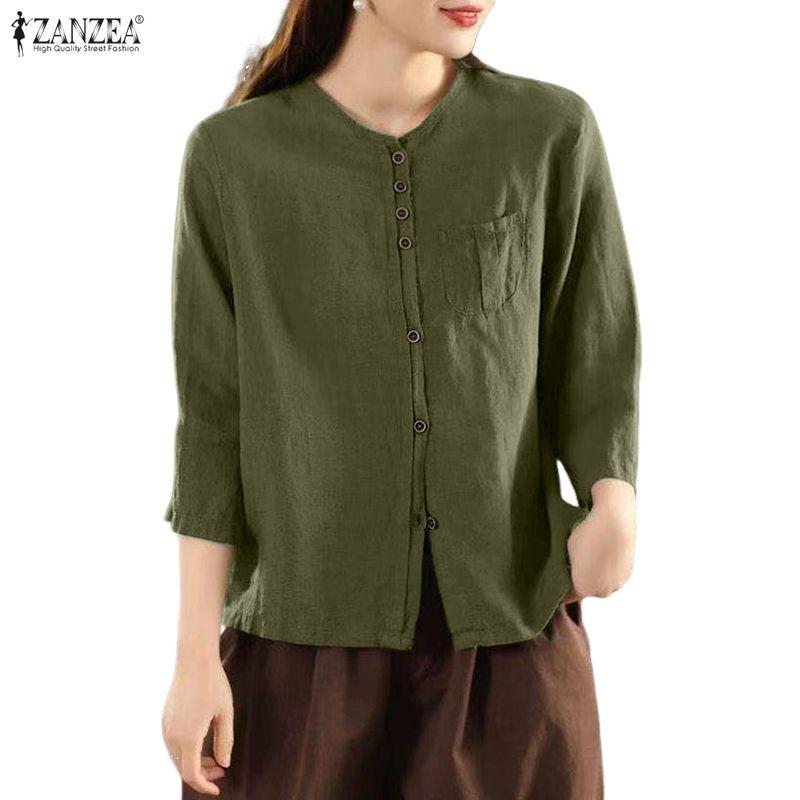 ZANZEA Lässige Damenbluse mit Rundhalsausschnitt und 3/4-Ärmeln, lockere Baumwollbluse