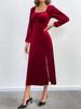 2024 European & American Women's Sexy Slit Velvet Dress with Square Neck & Puff Long Sleeves