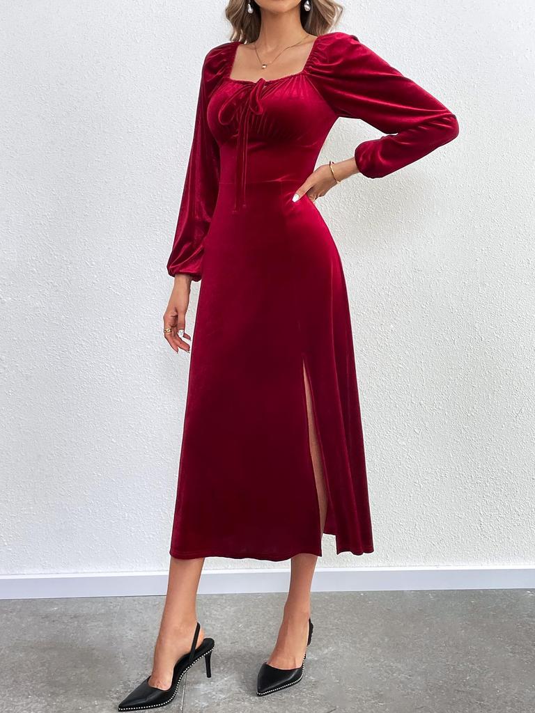 2024 European & American Women's Sexy Slit Velvet Dress with Square Neck & Puff Long Sleeves