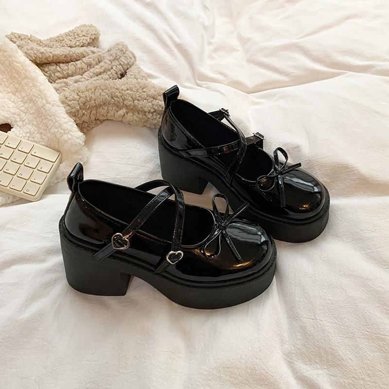 Fashion Women's Fashion Chunky Single Shoes Spring New Round Head Shallow Mouth Butterfly Knot Line with Platform Non-slip High Heels