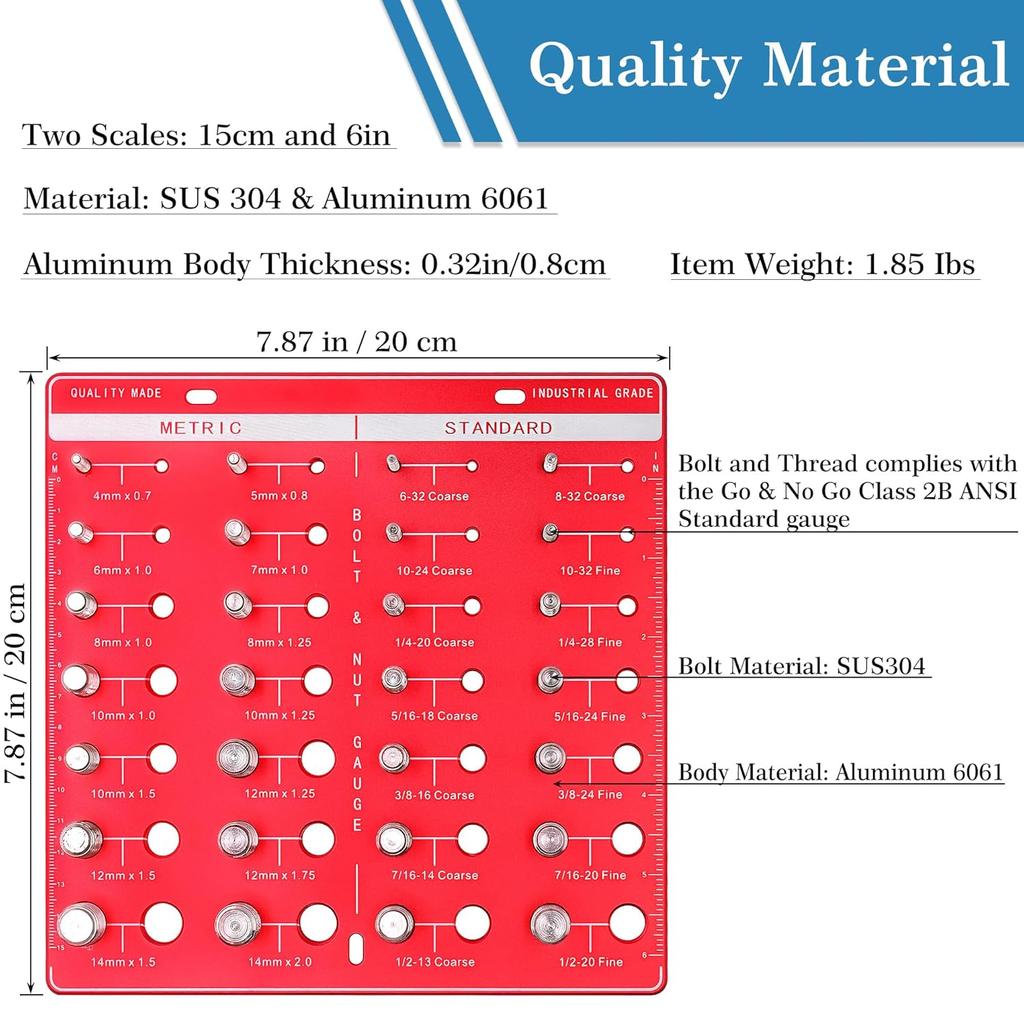 Thread Checker, 28 Nut and Bolt Thread Checker, Bolt Size and Thread Gauge, Thread Checker Standard and Metric, Vktoma Aluminum Bolt and Nut