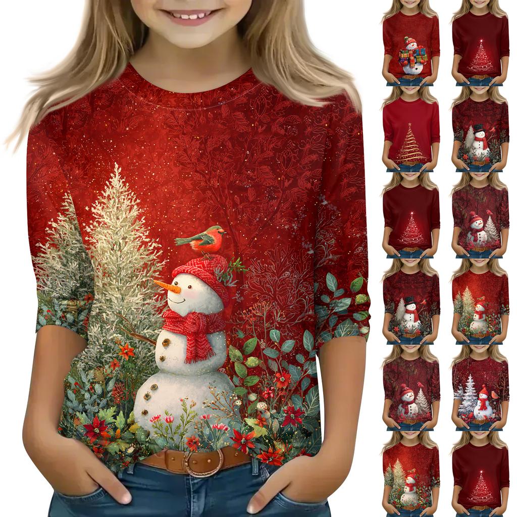 Christmas Day Print Tops For Youth Girls 4-11 Years Round Neck 3/4 Sleeves T-Shirts Trendy Tops Outfit Tees