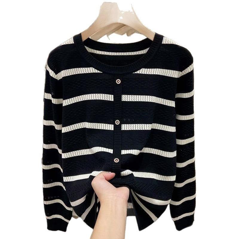Korean Style Striped Hollow Loose Knit Sweater for Women – 2026 Long Sleeve Lightweight Inner Layer