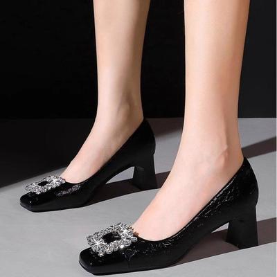Damen Schuhe mit dickem Absatz Herbst Neu Quadratische Zehenpartie Flacher Ausschnitt Kristallschnalle Rutschfest Verschleißfest Low-Top Schuhe