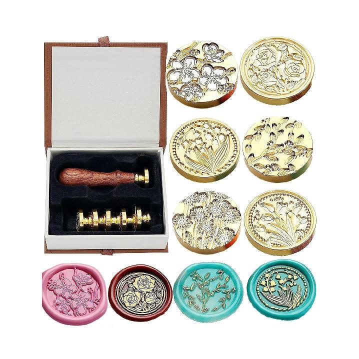 JUPPE 6pcs Flower Wax Seal Set, Cherry Blossom Rose Bell Orchid Branches Tulip Various Flowers Sealing Wax Stamps for Wedding Invitation Birthday