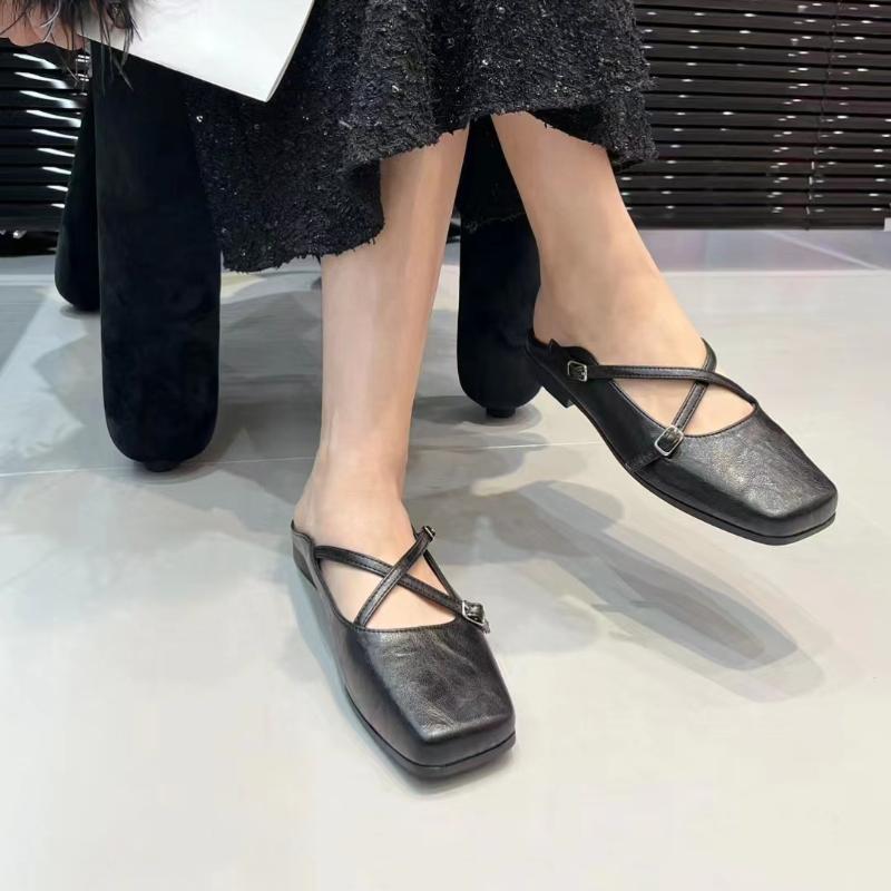 Fashion 2025 Women Flats Comfortable Cross Buckle Strip Slip On Square Toe Backless Loafers Ladies Dress Comfortable Shoes