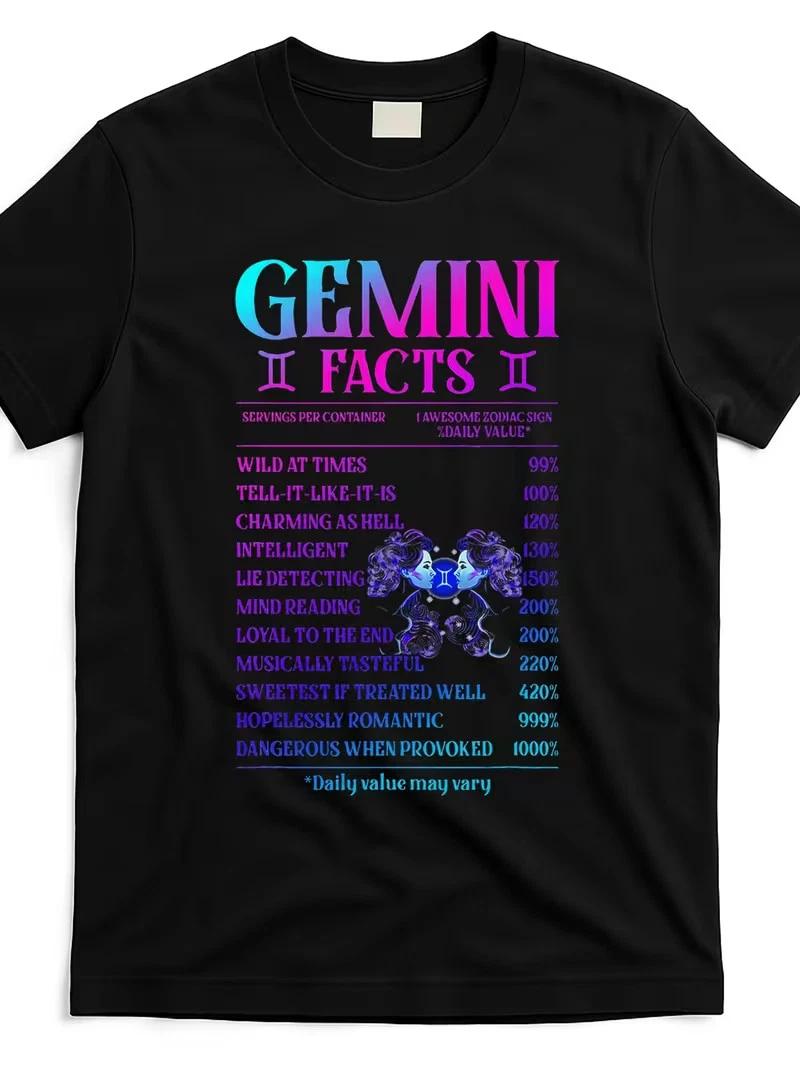 Gemini Facts Zodiac Graphic T-Shirt - Black 100% Cotton Streetwear Tee with Vibr XXL