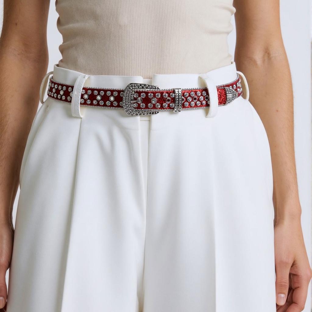 Sparkling Rhinestones Waistband Punk Design Belt Unisex Fashion Accessory PU Leather Sash Comforable