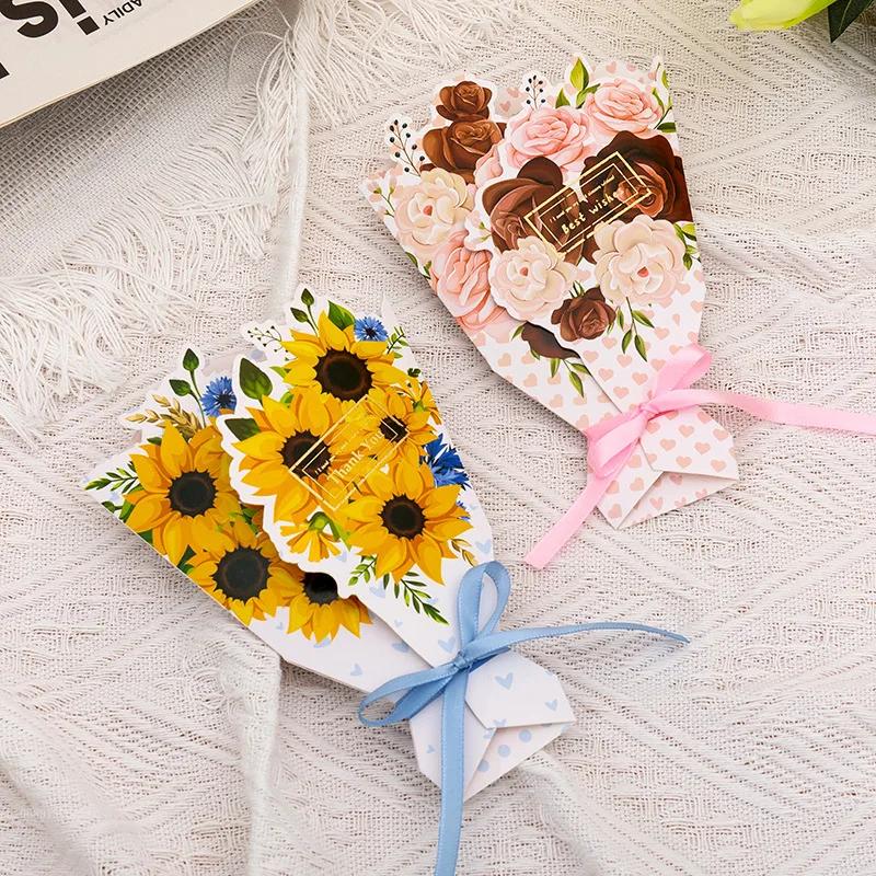 5/10pcs 3D Bouquet Greeting Cards with Bow Foil for Valentine's Day Christmas Thanksgiving - Assorted Colors Thank You Cards